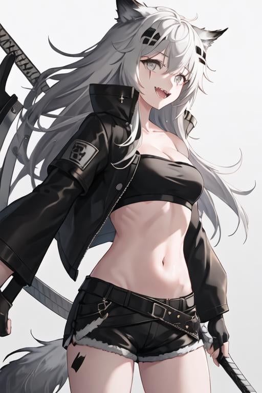 best quality, masterpiece, highres, solo, {lappland_arknights:1.15}, animal_ears, wolf_ears, long_hair, scar, bangs, scar_across_eye, hair_ornament, hairclip, scar_on_face, hair_between_eyes, grey_eyes, smile, grey_hair, white_hair, upper_body, 1girl, black_jacket, holding, holding_sword, holding_weapon, jacket, long_sleeves, looking_at_viewer, midriff, open_clothes, strapless, sword, tube_top, weapon, :d, bandeau, black_shorts, dual_wielding, navel, open_jacket, open_mouth, short_shorts, shorts, cowboy_shot, fingerless_gloves, gloves, white_gloves, breasts, oripathy_lesion_\(arknights\), tail, very_long_hair