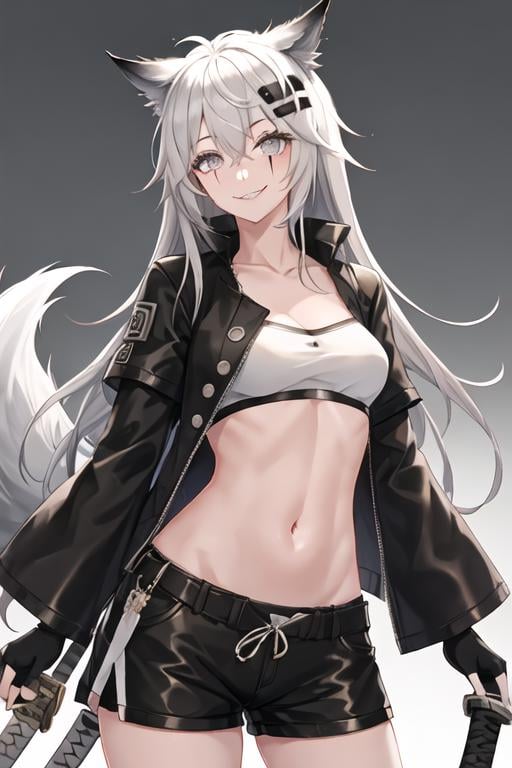 best quality, masterpiece, highres, solo, {lappland_arknights:1.15}, animal_ears, wolf_ears, long_hair, scar, bangs, scar_across_eye, hair_ornament, hairclip, scar_on_face, hair_between_eyes, grey_eyes, smile, grey_hair, white_hair, upper_body, 1girl, black_jacket, black_shorts, cowboy_shot, jacket, long_sleeves, looking_at_viewer, midriff, navel, shorts, simple_background, stomach, sword, weapon, white_background, high_collar, holding, short_shorts, tail, very_long_hair, wide_sleeves, black_nails, fingerless_gloves, gloves, katana, nail_polish, standing, thighs, wolf_tail