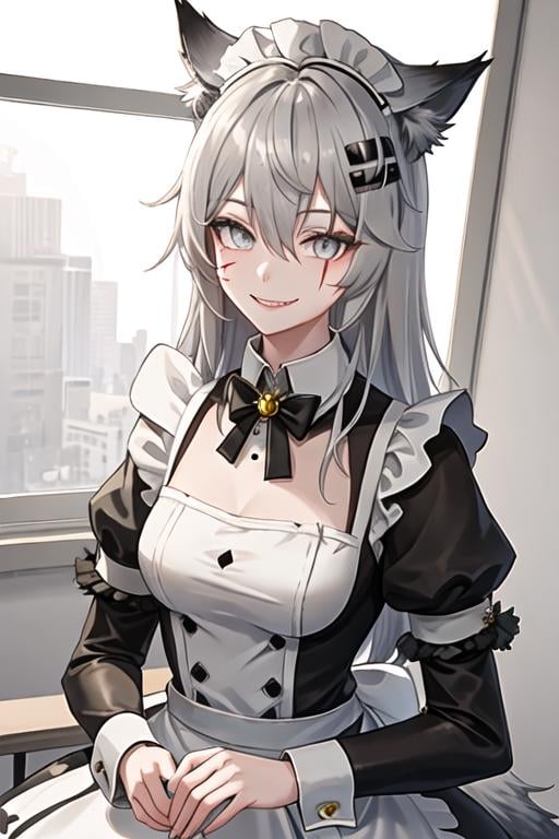 best quality, masterpiece, highres, solo, {maid:1.40}, {long maid dress:1.15}, {lappland_arknights:1.15}, animal_ears, wolf_ears, long_hair, scar, bangs, scar_across_eye, hair_ornament, hairclip, scar_on_face, hair_between_eyes, grey_eyes, smile, grey_hair, white_hair, upper_body