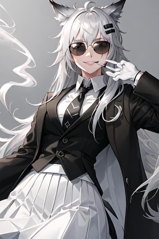 best quality, masterpiece, highres, solo, {black business suit:1.40}, {tie:1.20}, {sunglasses:1.25}, {white gloves:1.15}, {white shirt:1.10}, {black skirt:1.15}, {smoking:1.20}, handsome, {lappland_arknights:1.15}, animal_ears, wolf_ears, long_hair, scar, bangs, scar_across_eye, hair_ornament, hairclip, scar_on_face, hair_between_eyes, grey_eyes, smile, grey_hair, white_hair, upper_body