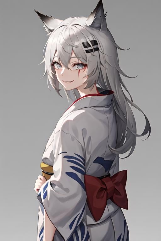 best quality, masterpiece, highres, solo, {yukata:1.40}, {kimono:1.20}, {lappland_arknights:1.15}, animal_ears, wolf_ears, long_hair, scar, bangs, scar_across_eye, hair_ornament, hairclip, scar_on_face, hair_between_eyes, grey_eyes, smile, grey_hair, white_hair, upper_body