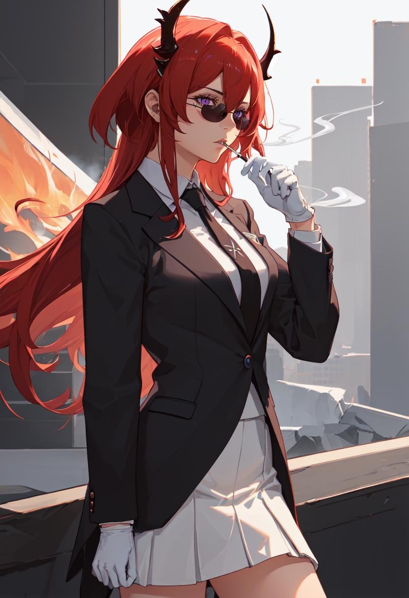 best quality, masterpiece, highres, solo, (surtr_arknights:1.10), (black business suit:1.40), (tie:1.20), (sunglasses:1.25), (white gloves:1.15), (white shirt:1.10), (black skirt:1.15), (smoking:1.20), handsome, 26 <lora:surtr_arknights:0.80>