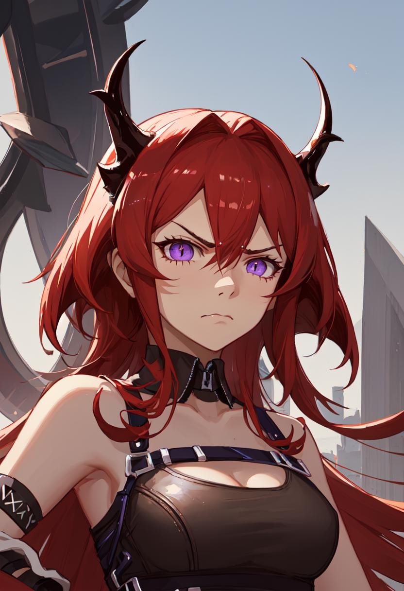 best quality, masterpiece, highres, solo, (surtr_arknights:1.10), angry, annoyed, portrait, looking at viewer, 36 <lora:surtr_arknights:0.80>