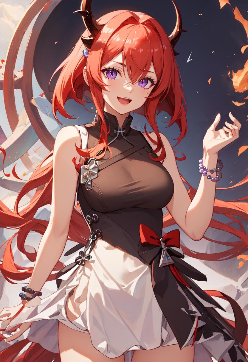best quality, masterpiece, highres, solo, (surtr_arknights:1.10), bare_shoulders, bead_bracelet, beads, china_dress, chinese_clothes, dress, jewelry, looking_at_viewer, sleeveless, sleeveless_dress, bracelet, smile, medium_breasts, thighs, cowboy_shot, :d, open_mouth, 27 <lora:surtr_arknights:0.80>