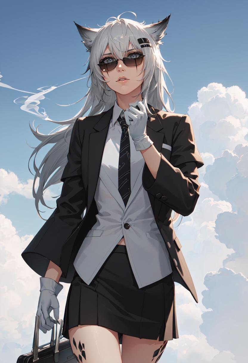best quality, masterpiece, highres, solo, (lappland_arknights:1.10), (black business suit:1.40), (tie:1.20), (sunglasses:1.25), (white gloves:1.15), (white shirt:1.10), (black skirt:1.15), (smoking:1.20), handsome, 28 <lora:lappland_arknights:0.80>