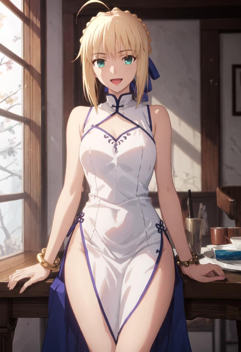 best quality, masterpiece, highres, solo, {saber_fatestaynightufotable:0.90}, bare_shoulders, bead_bracelet, beads, china_dress, chinese_clothes, dress, jewelry, looking_at_viewer, sleeveless, sleeveless_dress, bracelet, smile, medium_breasts, thighs, cowboy_shot, :d, open_mouth