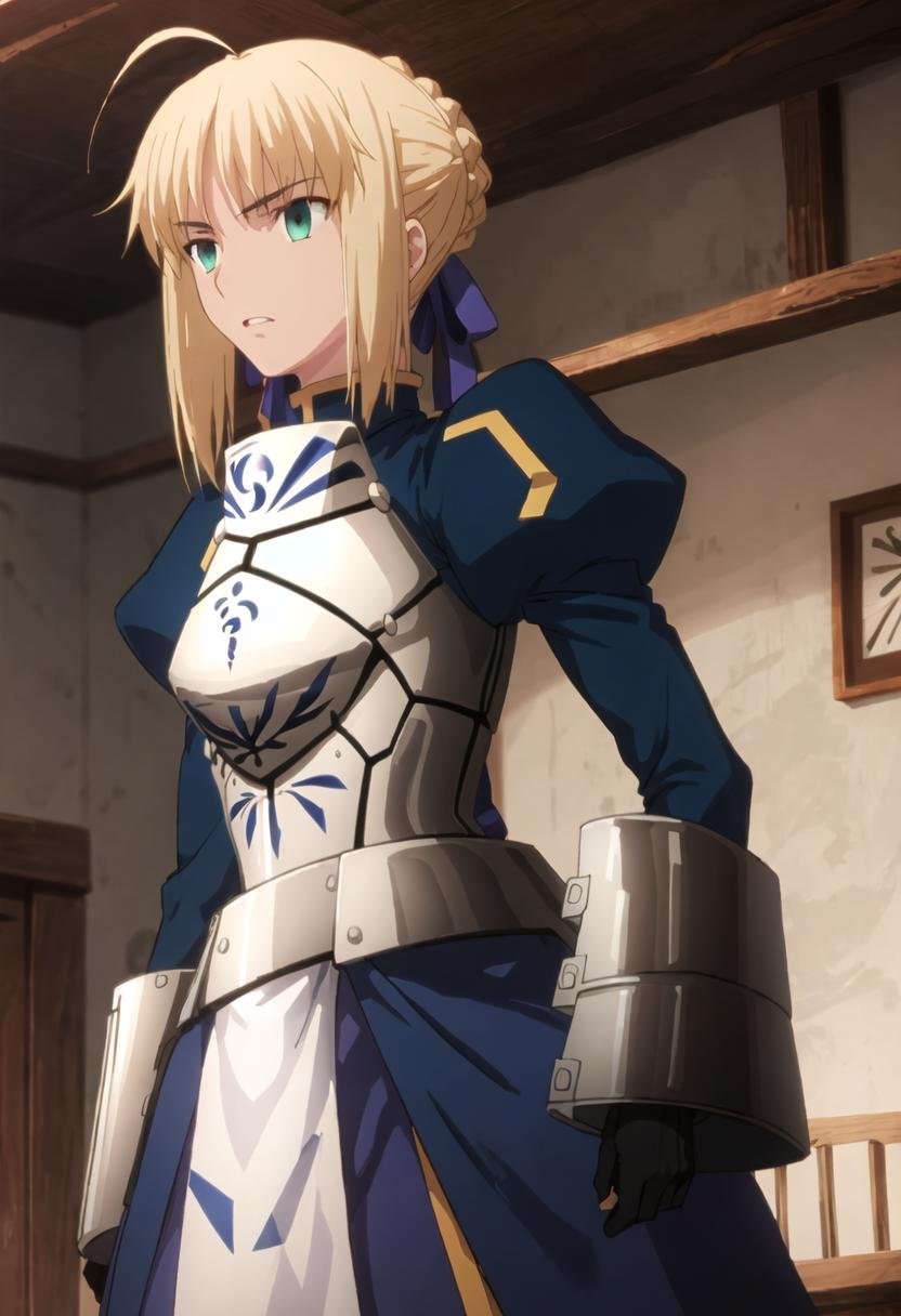 best quality, masterpiece, highres, solo, {saber_fatestaynightufotable:0.90}, 1girl, anime_coloring, parody, puffy_sleeves, armored_dress