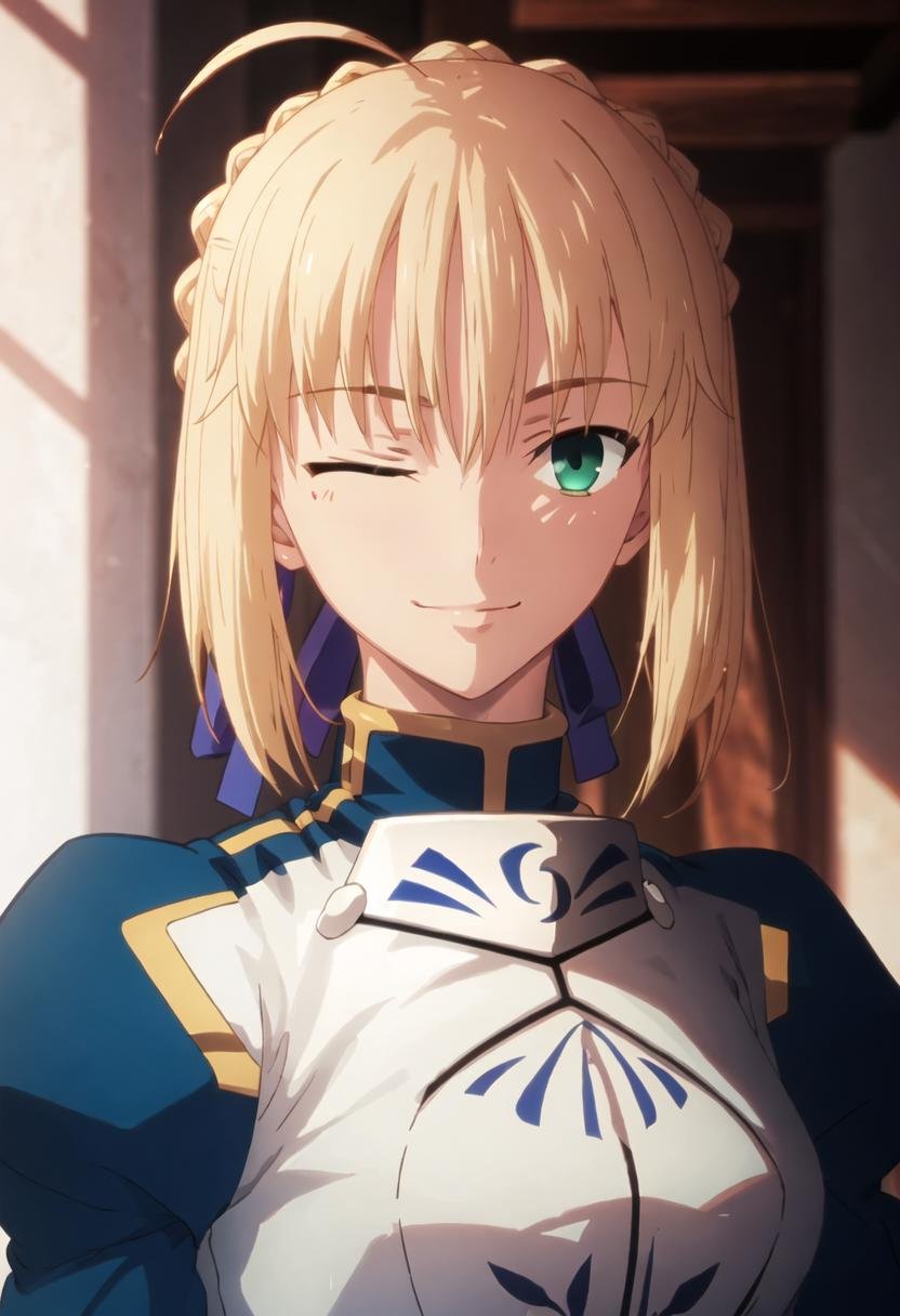 best quality, masterpiece, highres, solo, {saber_fatestaynightufotable:0.90}, smile, happy, one_eye_closed, portrait, looking at viewer