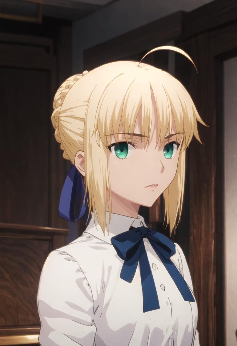 best quality, masterpiece, highres, solo, {saber_fatestaynightufotable:0.90}, 1girl, parody, anime_coloring, white_shirt, looking_at_viewer, upper_body, french_braid