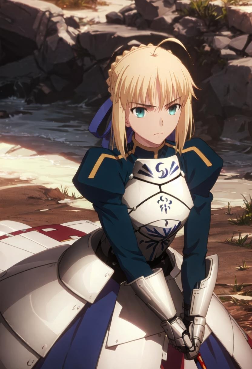 best quality, masterpiece, highres, solo, {saber_fatestaynightufotable:0.90}, 1girl, armored_dress, gauntlets, sword, excalibur_(fate/stay_night)