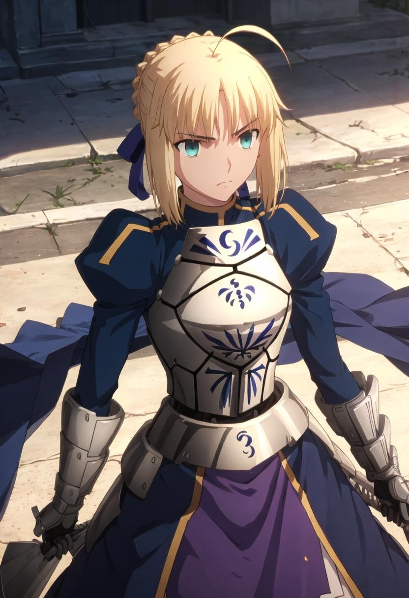 best quality, masterpiece, highres, solo, {saber_fatestaynightufotable:0.90}, 1girl, armored_dress, gauntlets, sword, excalibur_(fate/stay_night)