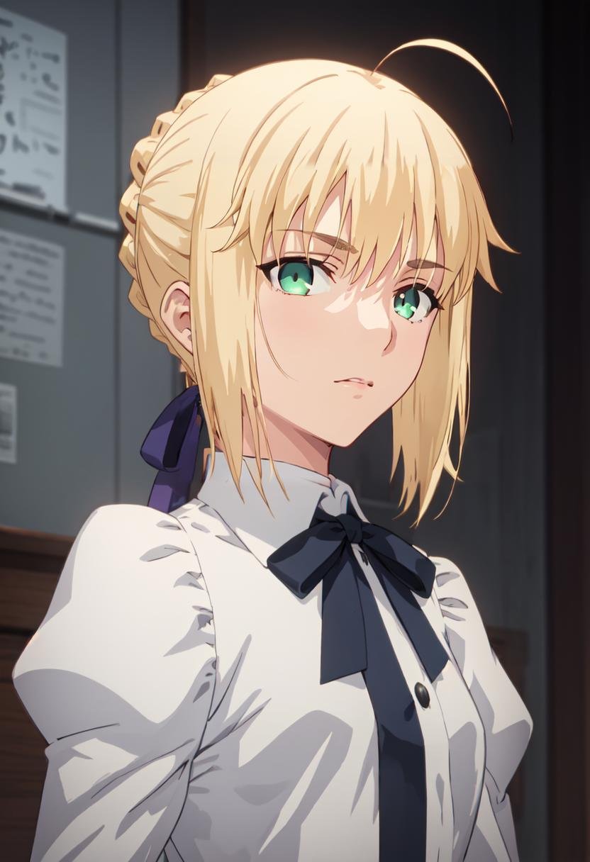 best quality, masterpiece, highres, solo, (saber_fatestaynightufotable:1.10), 1girl, white shirt, style parody, neck ribbon, anime coloring, upper body, looking at viewer, anime_style, 9 <lora:saber_fatestaynightufotable:0.80>