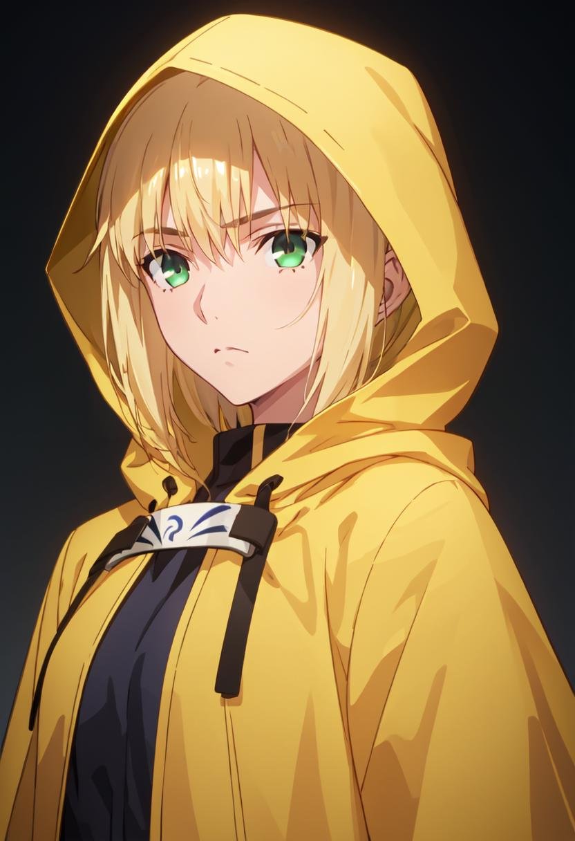 best quality, masterpiece, highres, solo, (saber_fatestaynightufotable:1.10), 1girl, hood up, yellow raincoat, closed mouth, hooded cloak, upper body, anime_style, 14 <lora:saber_fatestaynightufotable:0.80>