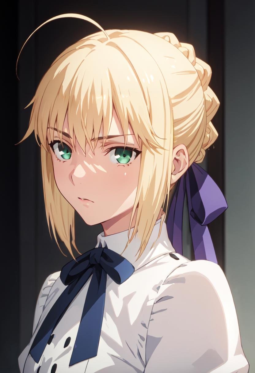 best quality, masterpiece, highres, solo, (saber_fatestaynightufotable:1.10), 1girl, white shirt, style parody, neck ribbon, anime coloring, upper body, looking at viewer, anime_style, 10 <lora:saber_fatestaynightufotable:0.80>
