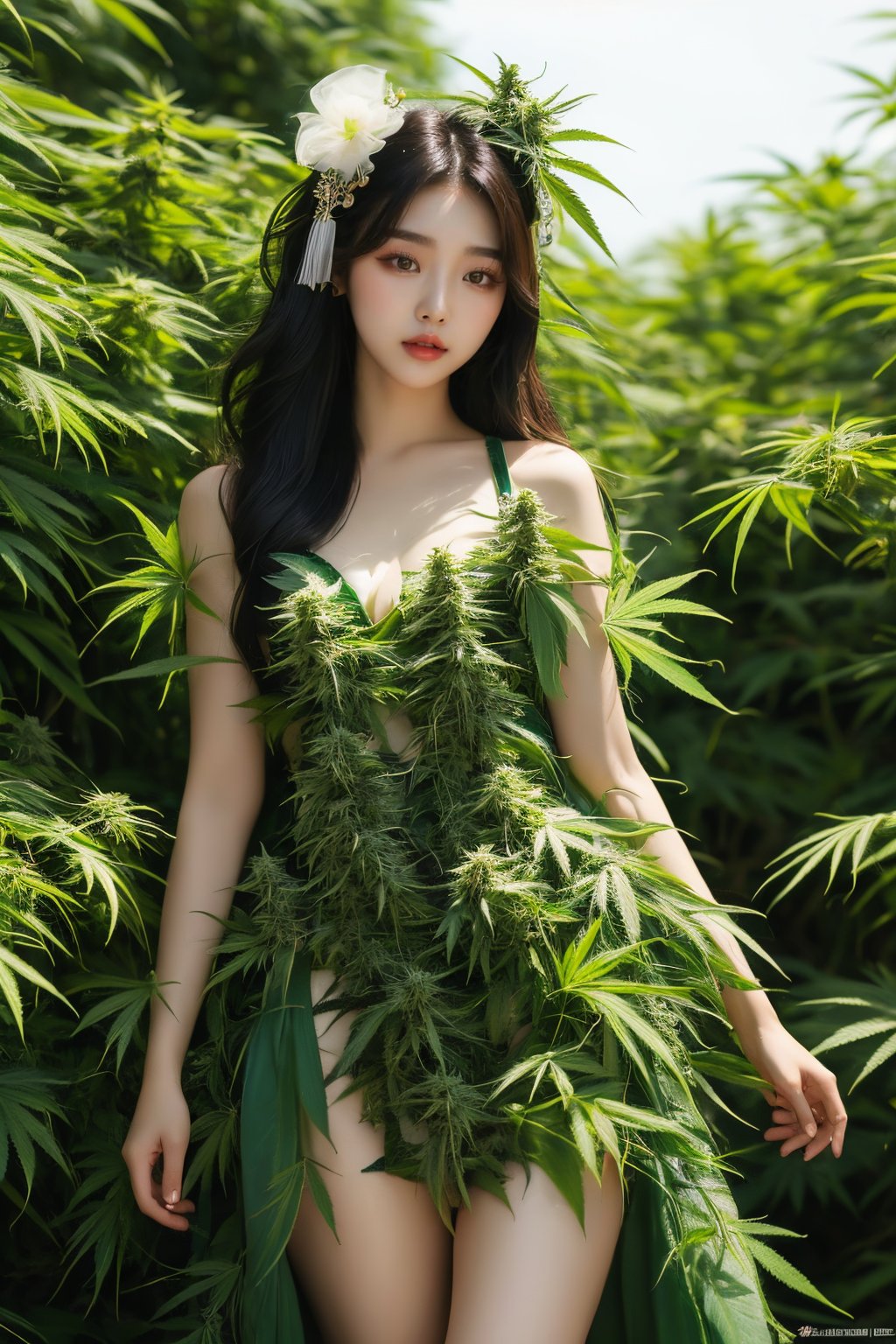 A pretty korean girl wearing dress of marijuana leaves, personification of marijuana, organic seductive geisha, woman made of plants, with green cannabis leaves, princess of cannabis, covered in plants, beautiful south korean woman,cnb,realistic