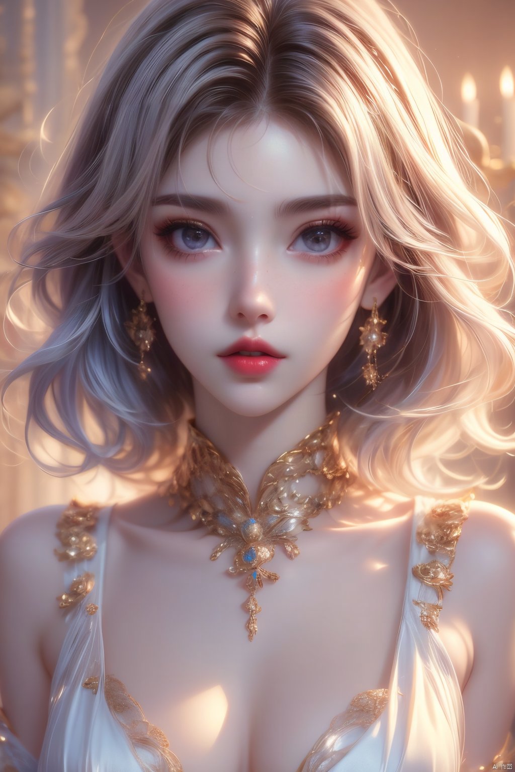 Best Quality, masterpiece, Super High Resolution, Girl, Solo, short hair, white hair, delicate, lipstick, freckles, skin texture, sexy, game CG, HD 16K, Light master