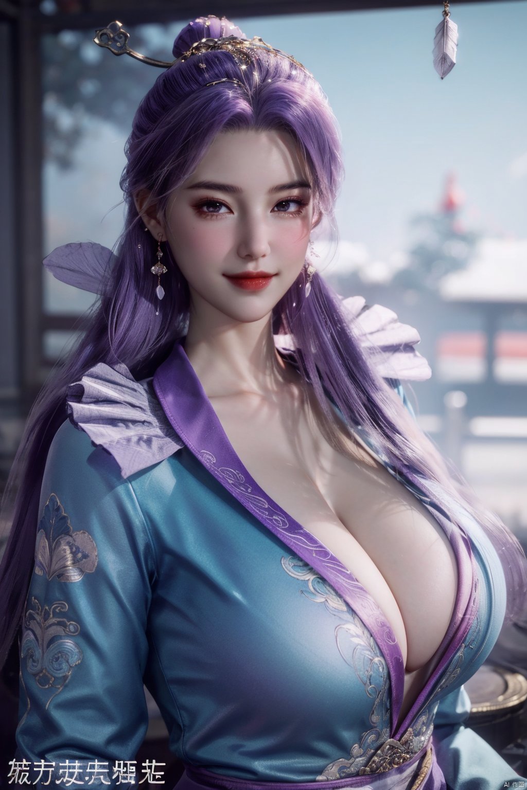 masterpiece, best quality, 8k,1girl,(blush:1.3),huge breasts,mature female, milf, looking at viewer,seductive smile,chinese_clothes,(feather hair ornament), (earring),light_purple_hair,