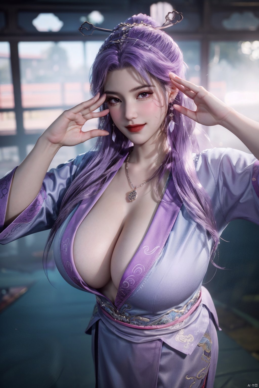 masterpiece, best quality, 8k,1girl,(full body),(blush:1.3),huge breasts,mature female, milf, looking at viewer,seductive smile,chinese_clothes,(feather hair ornament), (earring),light_purple_hair,(salute),necklace, 