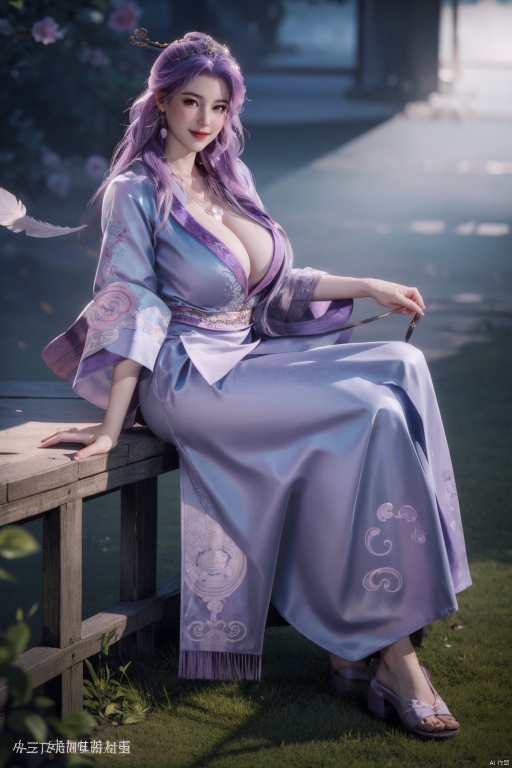 masterpiece, best quality, 8k,1girl,(full body),(blush:1.3),huge breasts,mature female, milf, looking at viewer,seductive smile,chinese_clothes,(feather hair ornament), (earring),light_purple_hair,necklace, 