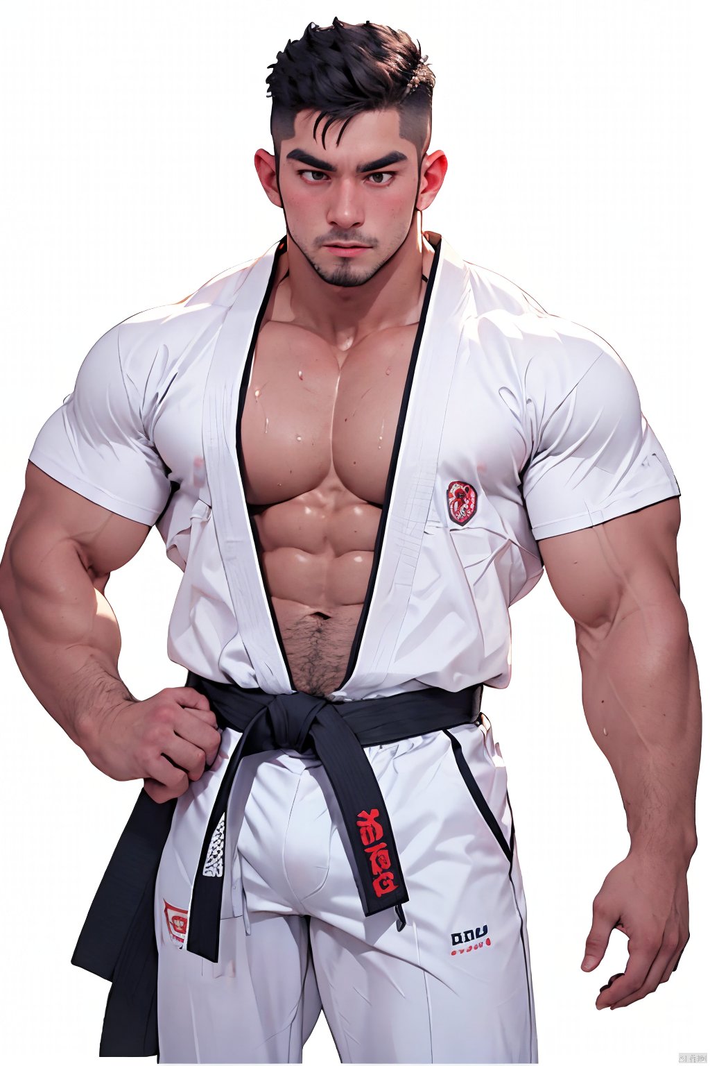  pectorals, muscular male, male focus, 1boy, muscular, solo, short hair, abs, facial hair, navel, black hair, blush, looking at viewer, thick eyebrows, sweat, mature male,  open clothes, white pants, white background, martial arts belt, pants, closed mouth,  HYZ_WH