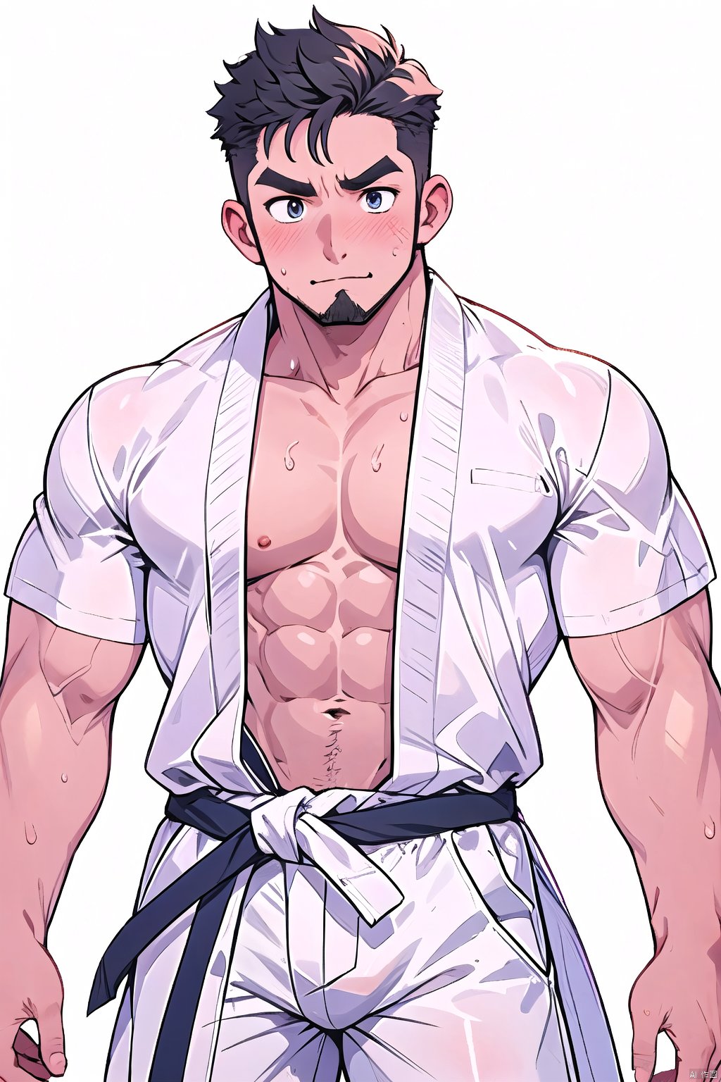  pectorals, muscular male, male focus, 1boy, solo, short hair, abs, facial hair, navel, black hair, blush, looking at viewer, thick eyebrows, sweat,  open clothes, white pants, white background, martial arts belt, pants, closed mouth,  HYZ_WH, Anime