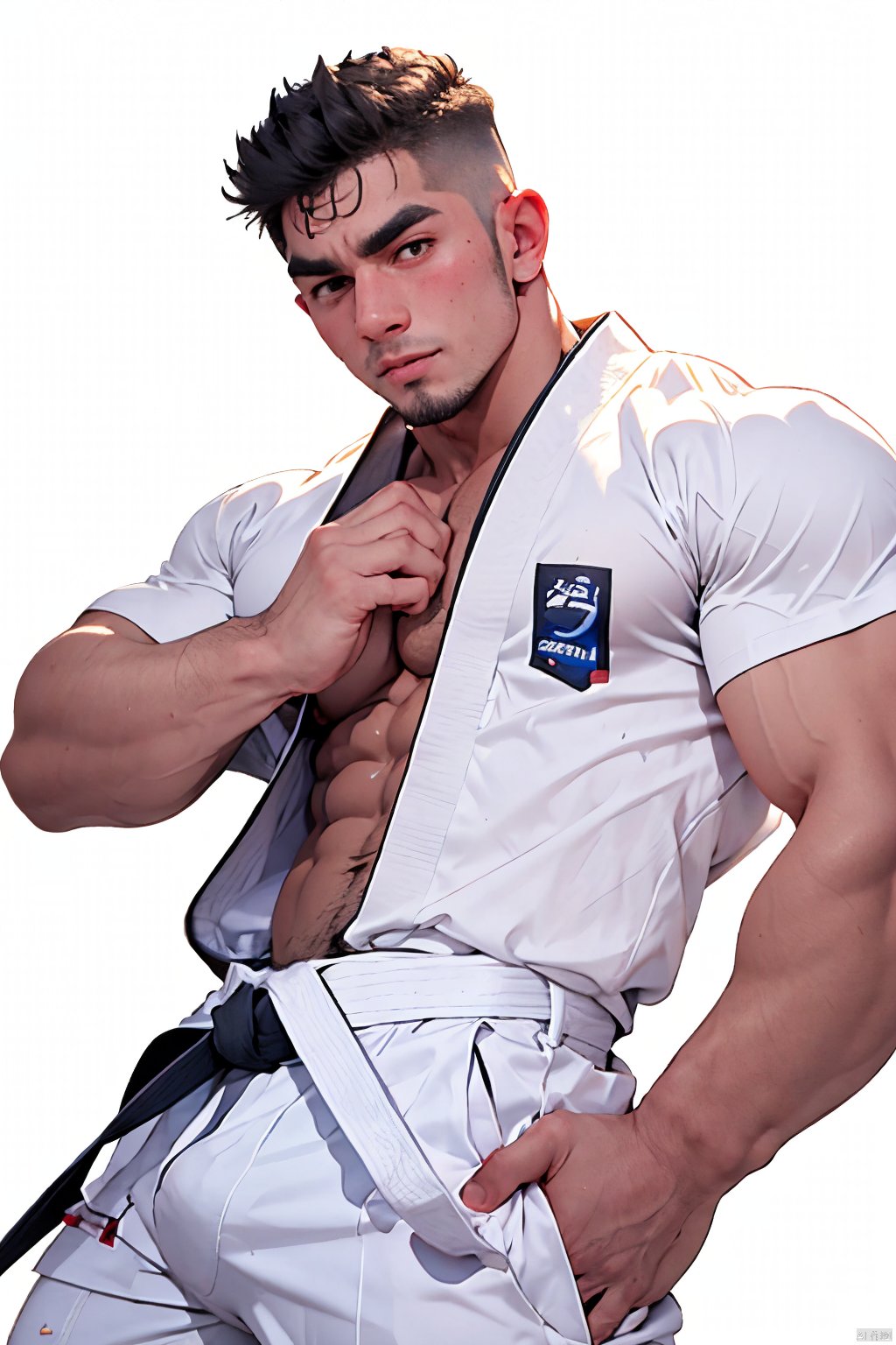  pectorals, muscular male, male focus, 1boy, muscular, solo, short hair, abs, facial hair, navel, black hair, blush, looking at viewer, thick eyebrows, sweat, mature male, belt, black belt, open clothes, white pants, white background, martial arts belt, pants, closed mouth,  HYZ_WH