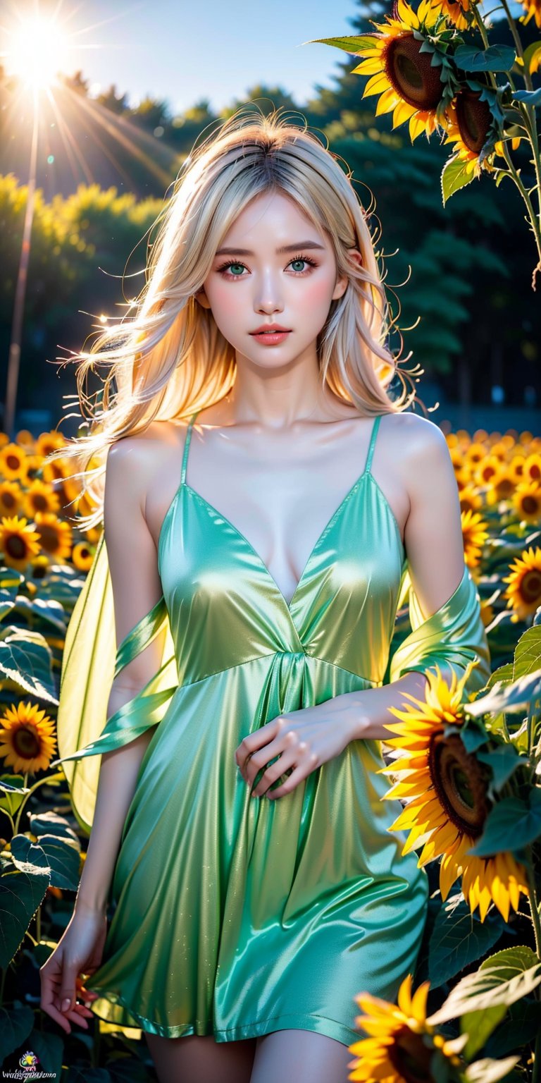 (masterpiece, best quality, highres:1.3), ultra resolution image, (1girl), (solo), kawaii, blonde hair, long flowing hair, elf, emerald eyes, gentle breeze, sunflowers, sunflower field, petal, sparkling magic, (soft sunlight:1.3), fantasy, nature accessories, happy