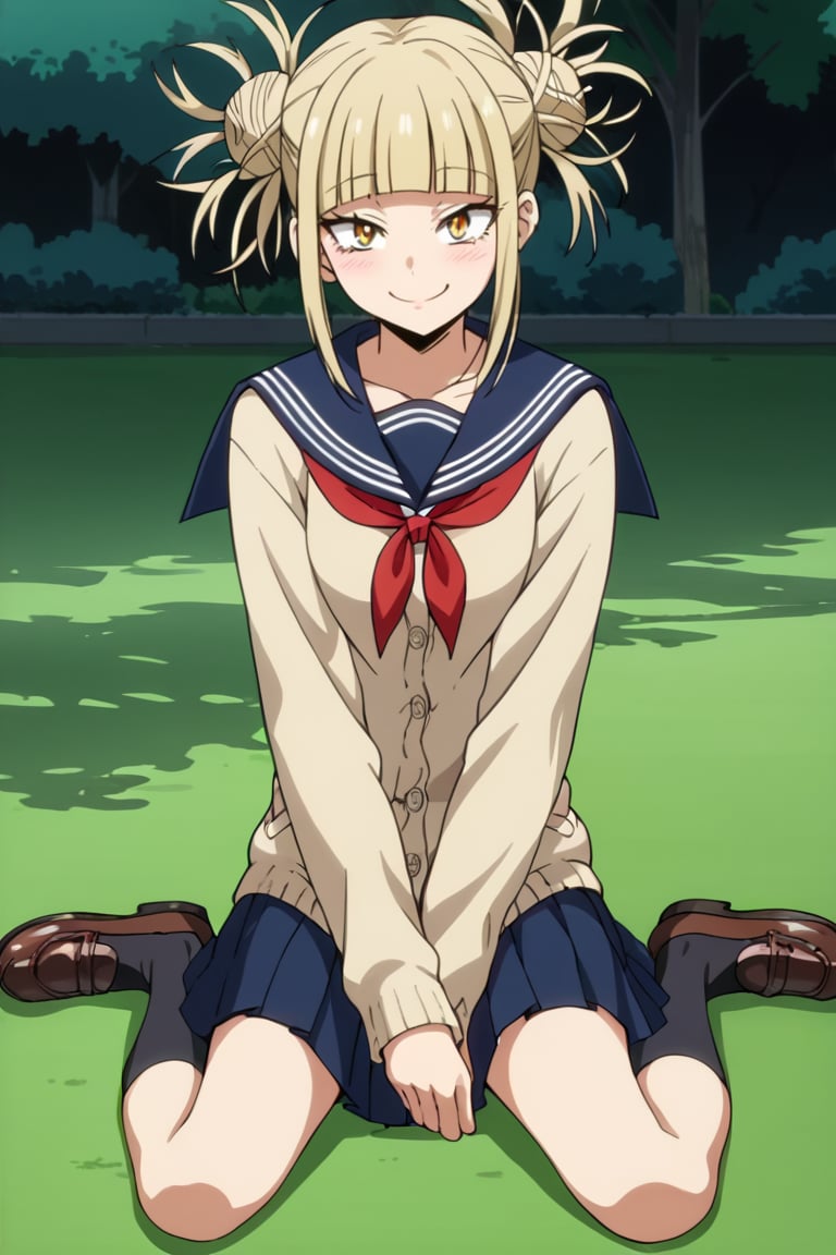 uncensored, score_9, score_8_up, score_7_up, BREAK  ,source_anime, anime screencap, masterpiece, perfect scenery, perfect lighting, highly detailed, high resolution, very aesthetic, best quality, absurdres

himiko toga, bangs, blonde hair, yellow eyes, blunt bangs, hair bun, double bun, messy hair,

Outfit:

skirt, long sleeves, school uniform, pleated skirt, shoes, serafuku, socks, sailor collar, blue skirt, neckerchief, kneehighs, brown footwear, cardigan, black socks, loafers, red neckerchief, yellow cardigan

1girl,solo,looking_at_viewer,outdoors,sitting