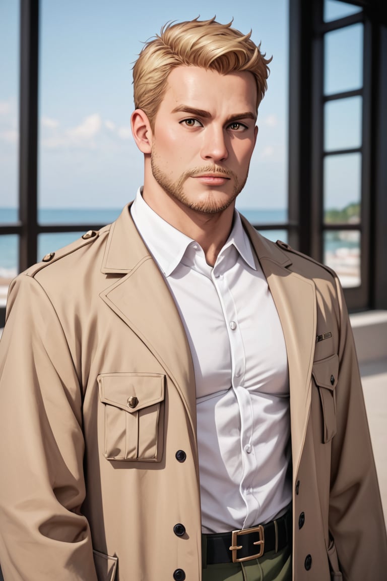 score_9, score_8_up, score_7_up, solo male, Reiner Braun, blond hair, short hair, flat hair (facial hair, stubble:1.1), hazel eyes, thin eyebrows, tall, white collared shirt, light-brown trench coat, (open coat:1.2), military green pants, black combat boots, handsome, charming, alluring, upper body, perfect anatomy, perfect proportions, best quality, masterpiece, high_resolution, cowboy shot, photo background, (perfect face, perfect eyes:1.3)
