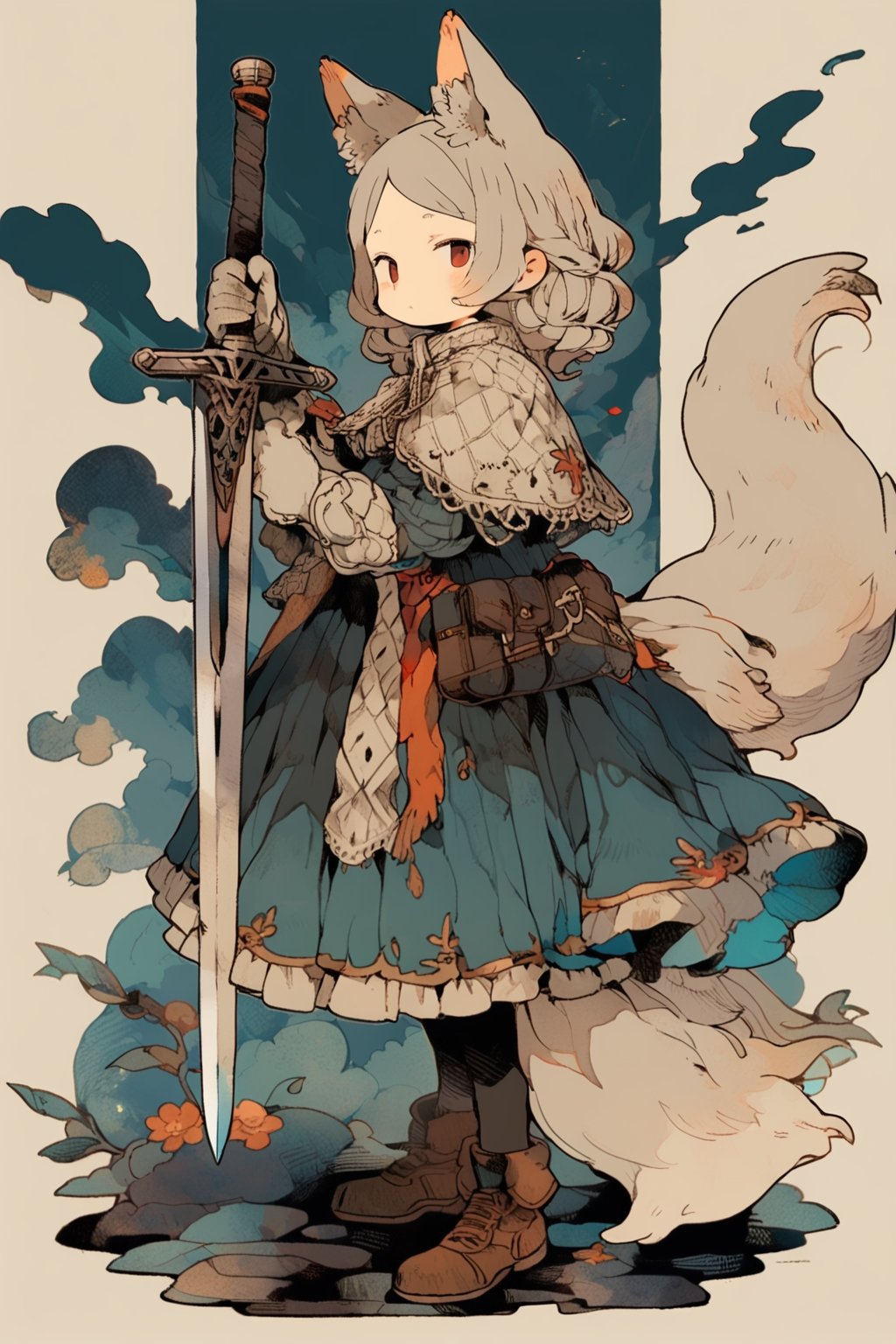 kawaii knight, 1girl, weapon, animal ears, sword, tail, solo, holding, red eyes, holding sword, holding weapon, gloves, full body, standing, grey hair, looking at viewer, dress, long sleeves, fox tail, fox ears, animal ear fluff, long hair, capelet, from side, boots, masterpiece, best quality, aesthetic, illustration,