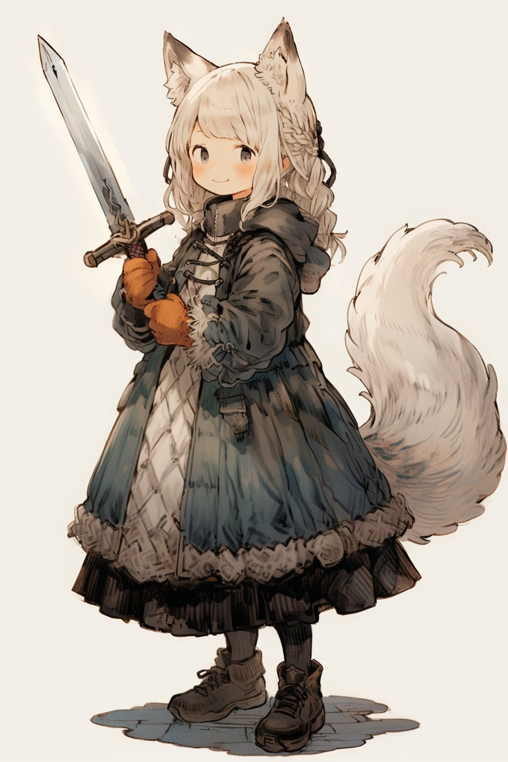 kawaii knight, 1girl, animal ears, weapon, holding, solo, holding weapon, sword, tail, braid, holding sword, smile, gloves, looking at viewer, coat, grey eyes, standing, dress, white hair, closed mouth, animal ear fluff, long sleeves, long hair, blush, hood, twin braids, simple background, 
masterpiece, best quality, aesthetic, illustration, 