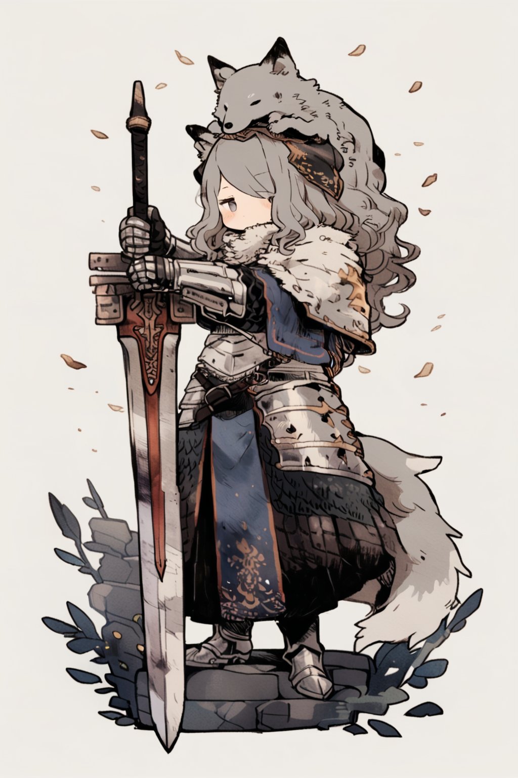 kawaii knight, 1girl, weapon, holding, armor, shield, polearm, gauntlets, animal, white background, holding weapon, grey eyes, grey hair, solo, simple background, long hair, standing, sword, looking at viewer, full body, wolf, closed mouth, 
masterpiece, best quality, aesthetic, illustration, 