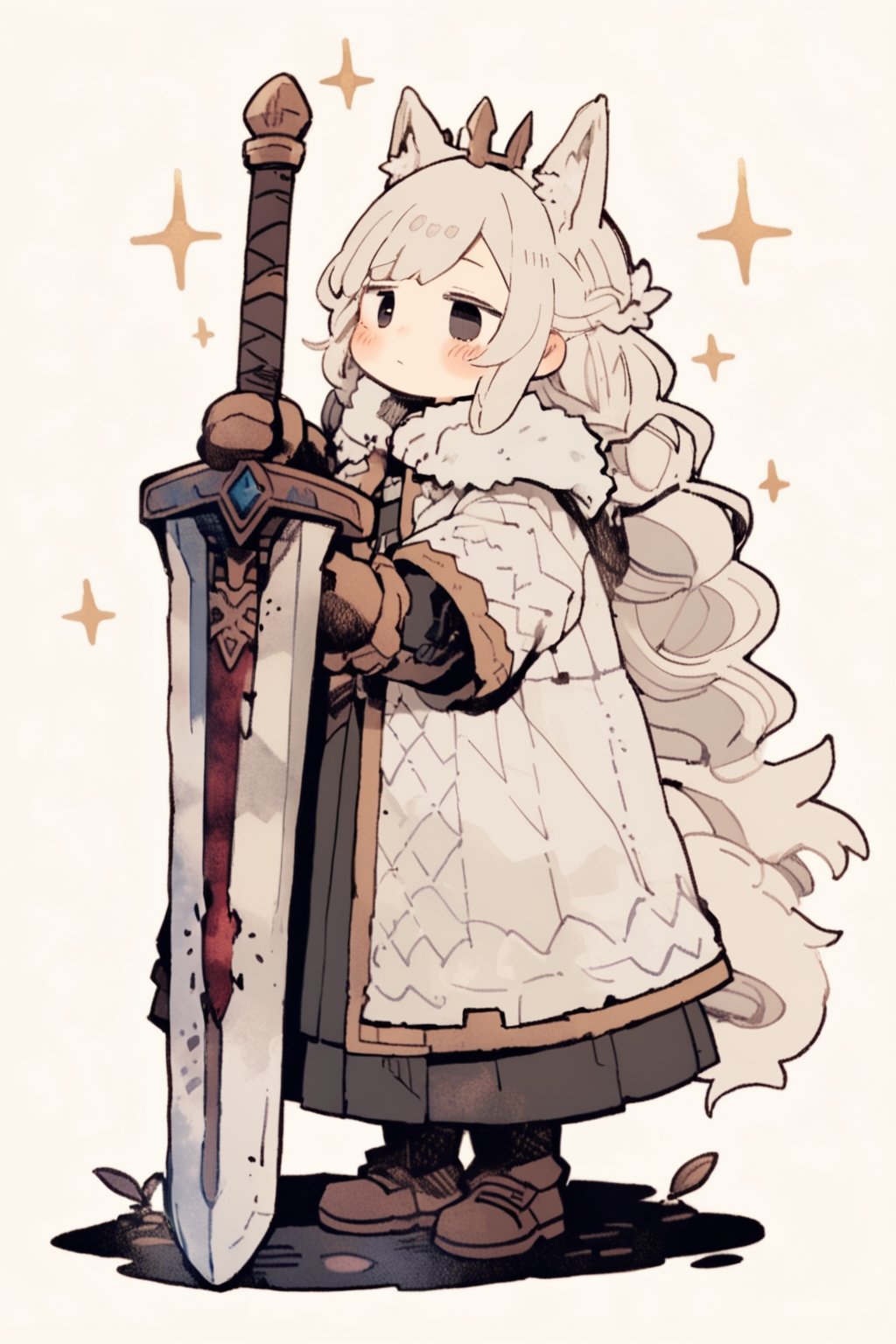 kawaii knight, weapon, sword, crown, long hair, solo, white hair, holding, sparkle, gloves, fur trim, holding weapon, blush, simple background, holding sword, very long hair, closed mouth, full body, white background, standing, coat, 1girl, cape, black eyes, planted sword, planted, braid, masterpiece, best quality, aesthetic, illustration,