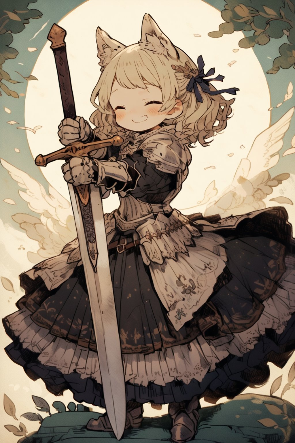 kawaii knight, armored dress, holding sword, smile, masterpiece, best quality, aesthetic, illustration,