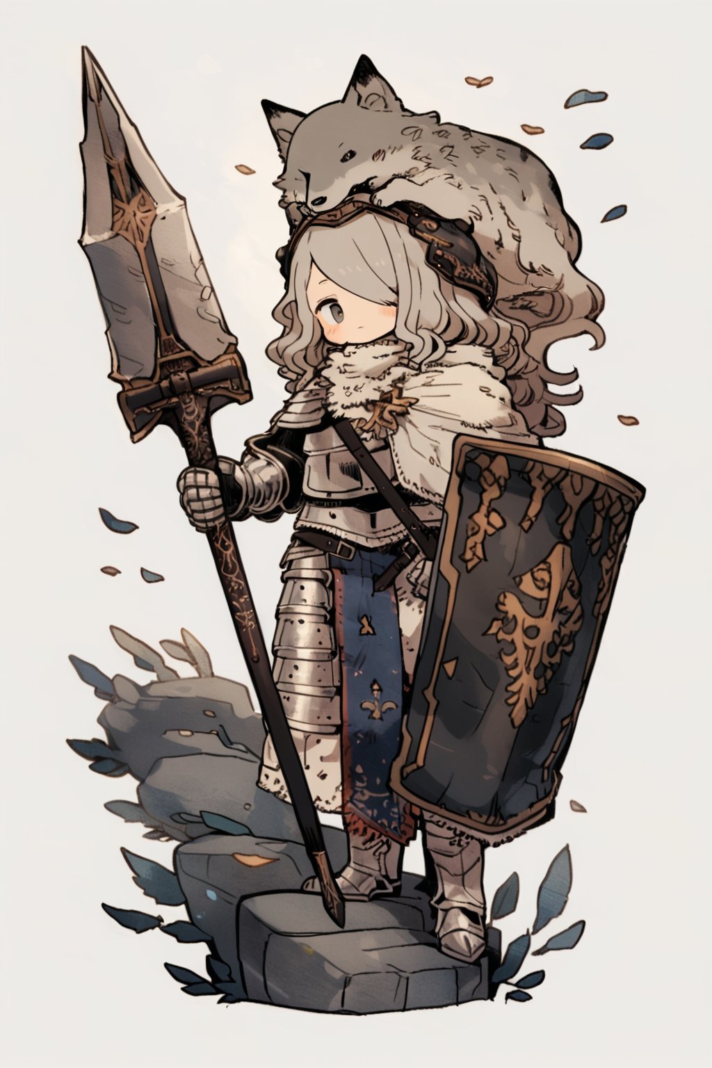 kawaii knight, 1girl, weapon, holding, armor, shield, polearm, gauntlets, animal, white background, holding weapon, grey eyes, grey hair, solo, simple background, long hair, standing, sword, looking at viewer, full body, wolf, closed mouth, 
masterpiece, best quality, aesthetic, illustration, 