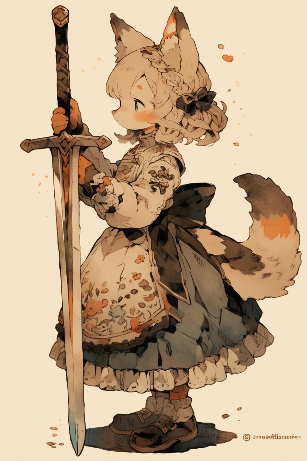 kawaii knight, 1girl, sword, weapon, holding, furry, animal ears, tail, from side, dress, holding weapon, furry female, holding sword, solo, full body, standing, braid, frills, bow, long sleeves, white hair, frilled dress, blush, twitter username, closed mouth, simple background, snout, blue dress, animal ear fluff, profile, body fur, flower, blush stickers, black bow, long dress, puffy long sleeves, puffy sleeves, artist name, blue eyes, shoes, short hair, 
masterpiece, best quality, aesthetic, illustration, 