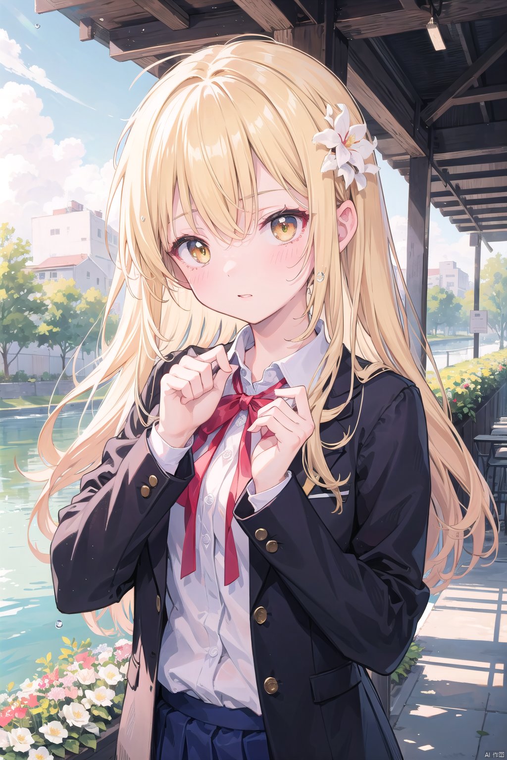  masterpiece,1girl, blonde hair, blush, collared shirt, flower, long hair, long sleeves, red ribbon, ribbon, school uniform, shirt, sidelocks, solo, water drop, white flower, yellow eyes,outdoor