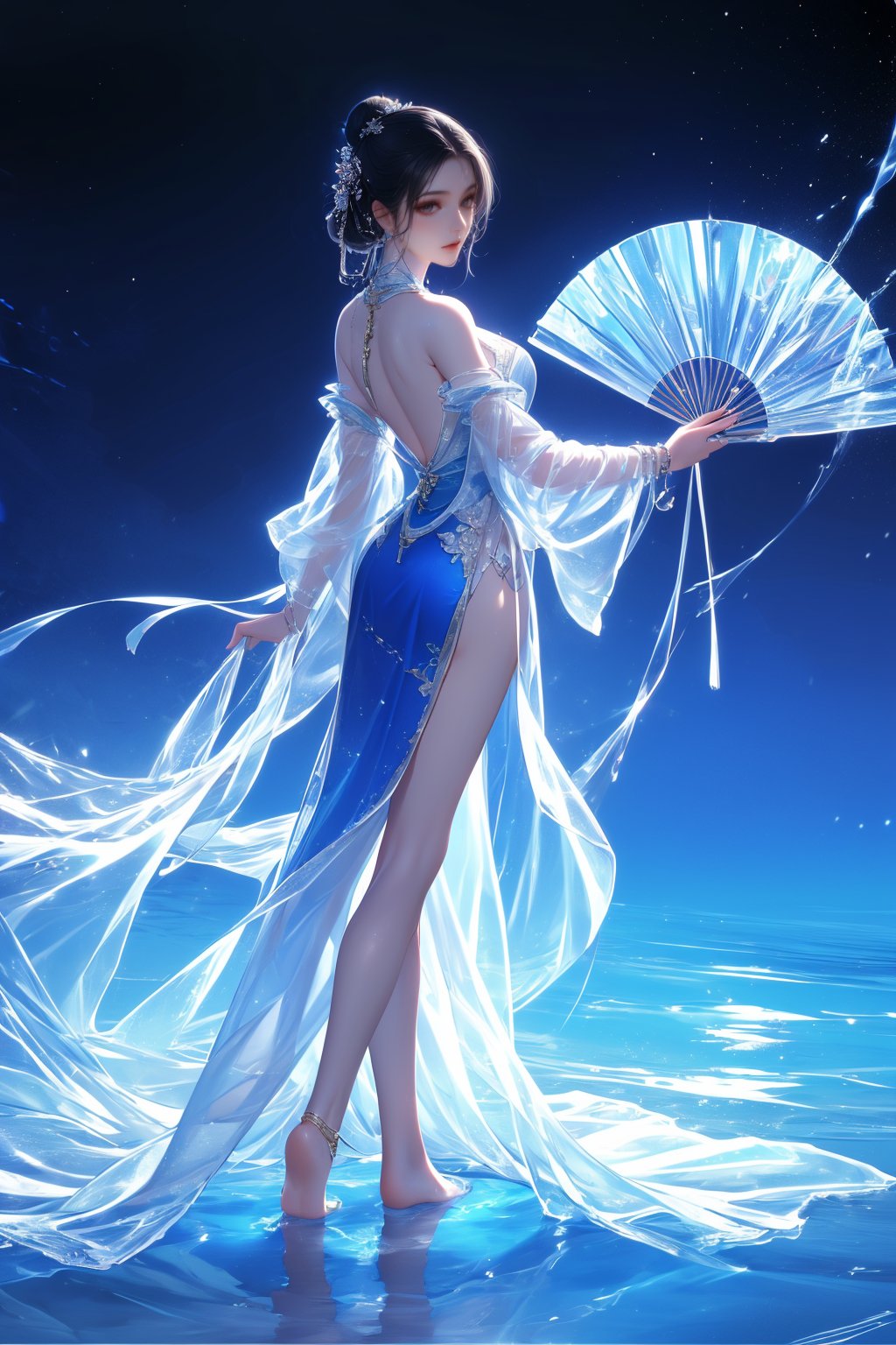 yushuishan, 1girl, water, dress, barefoot, solo, hair bun, bare legs, hand fan, blue dress, single hair bun, jewelry, black hair, full body, hair ornament, looking back,Best quality,masterpiece,ultra high res,<lora:20240323-1711170356508-0020:0.7>,