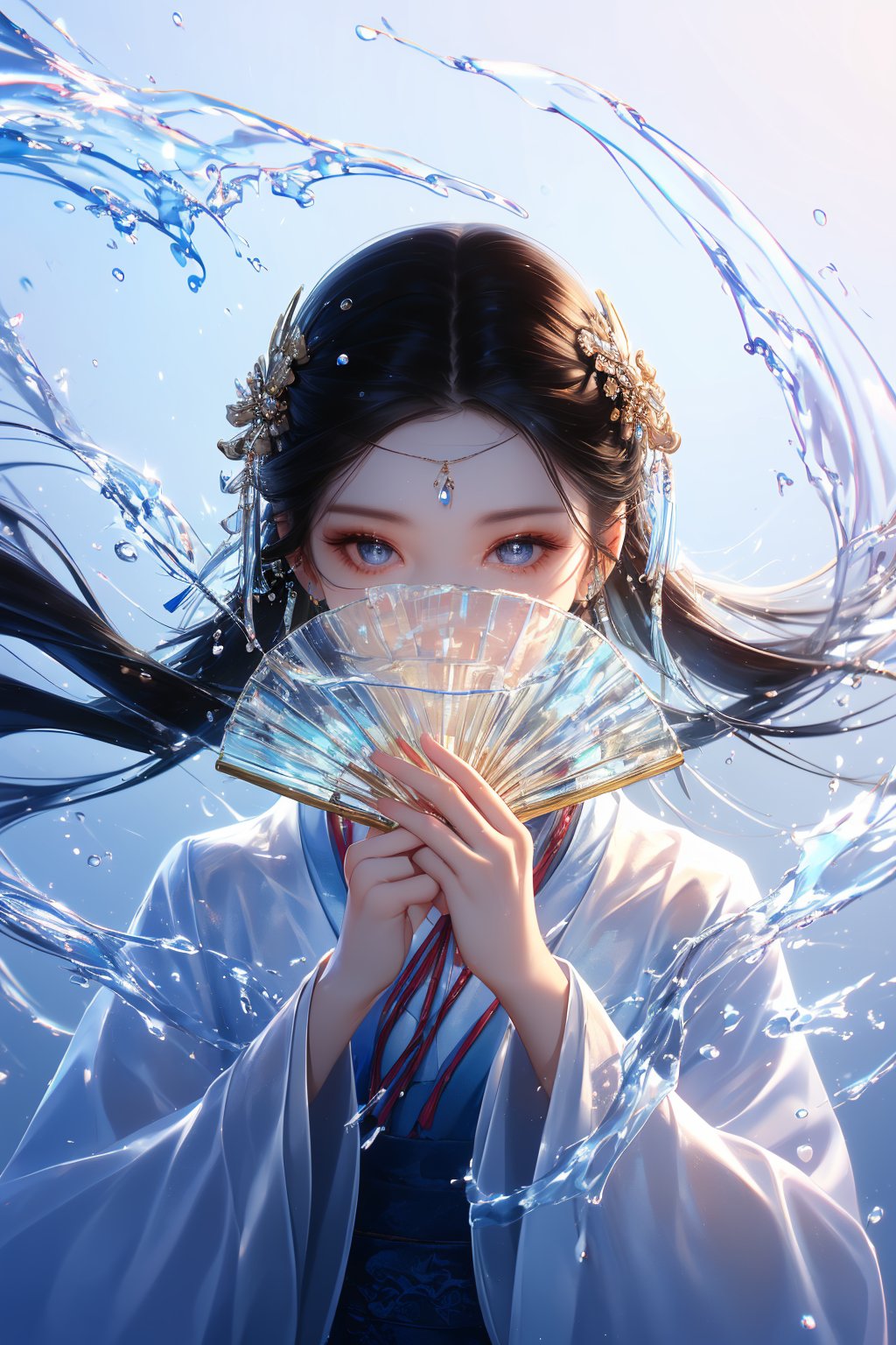 yushuishan, 1girl, solo, looking at viewer, hand fan, water, holding, straight-on, holding fan, upper body, black hair, long sleeves, jewelry, chinese clothes, hair ornament, blue eyes, long hair, folding fan, wide sleeves, covered mouth, hands up, grey eyes,Best quality,masterpiece,ultra high res,<lora:20240323-1711170356508-0020:0.7>,