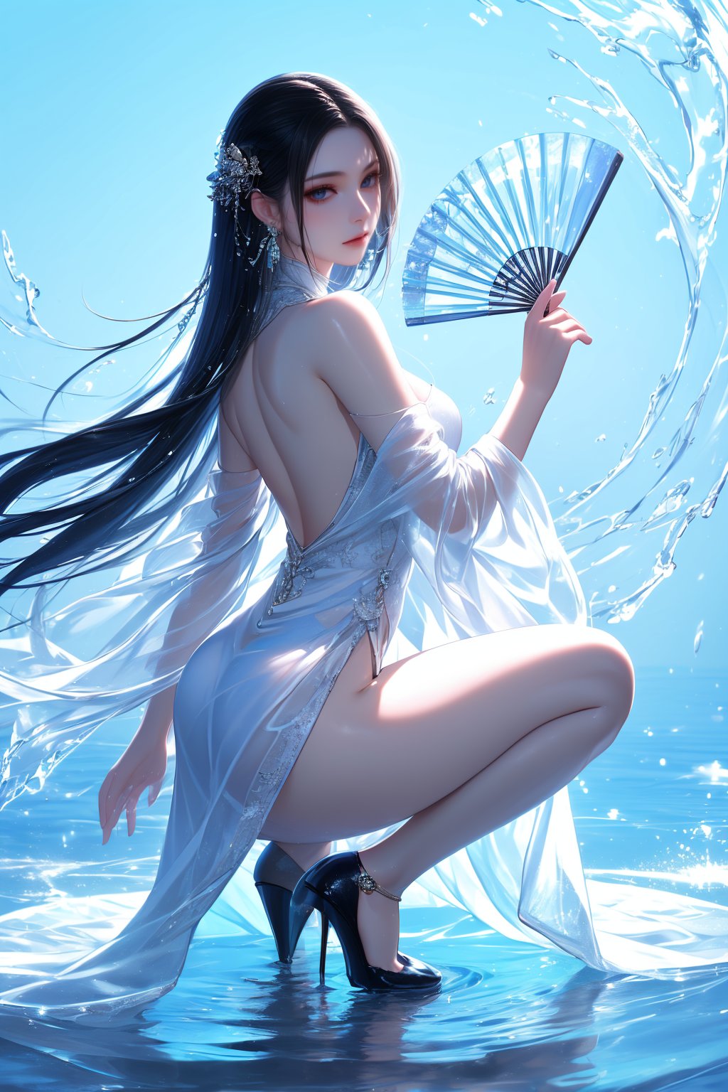 yushuishan, 1girl, high heels, water, solo, long hair, black hair, hand fan, looking at viewer, dress, white dress, bare shoulders, bare legs, hair ornament, holding, black footwear, from side, earrings, see-through, squatting, jewelry, thighs, chinese clothes, full body, blue eyes, legs, holding fan, ass, closed mouth,Best quality,masterpiece,ultra high res,<lora:20240323-1711170356508-0020:0.7>,