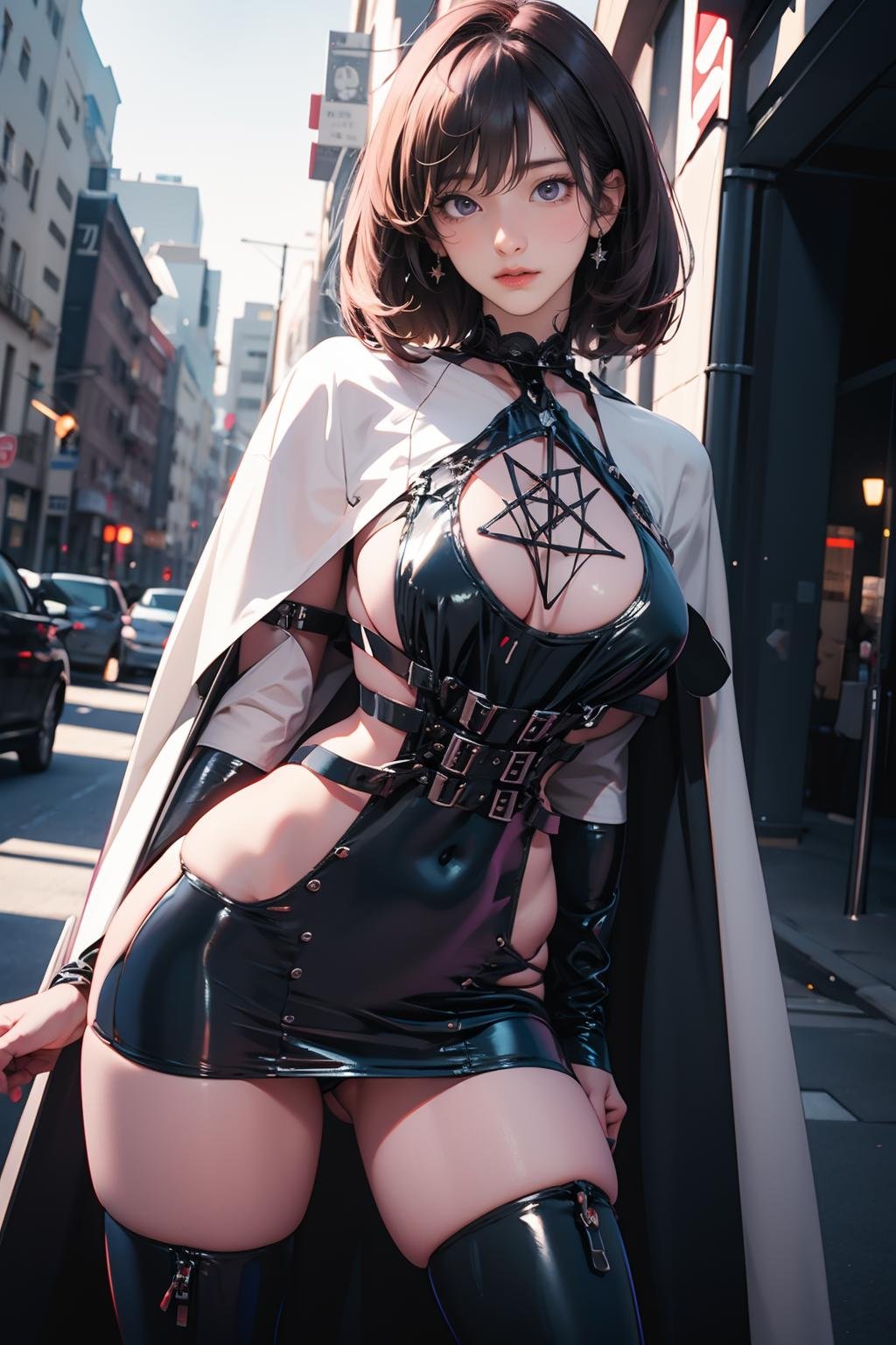 <lora:GoodHands-手beta2:1>,solo,1girl,outdoors,cityscape,<lora:0404 Halloween Nightmare_v1:1>,ruanyi0403,standing,bdsm,cape,cross-laced clothes,hexagram,black thighhighs,miniskirt,dress,thong,cowboy shot,, best quality,masterpiece,highres,official art,extremely detailed cg unity 8k wallpaper