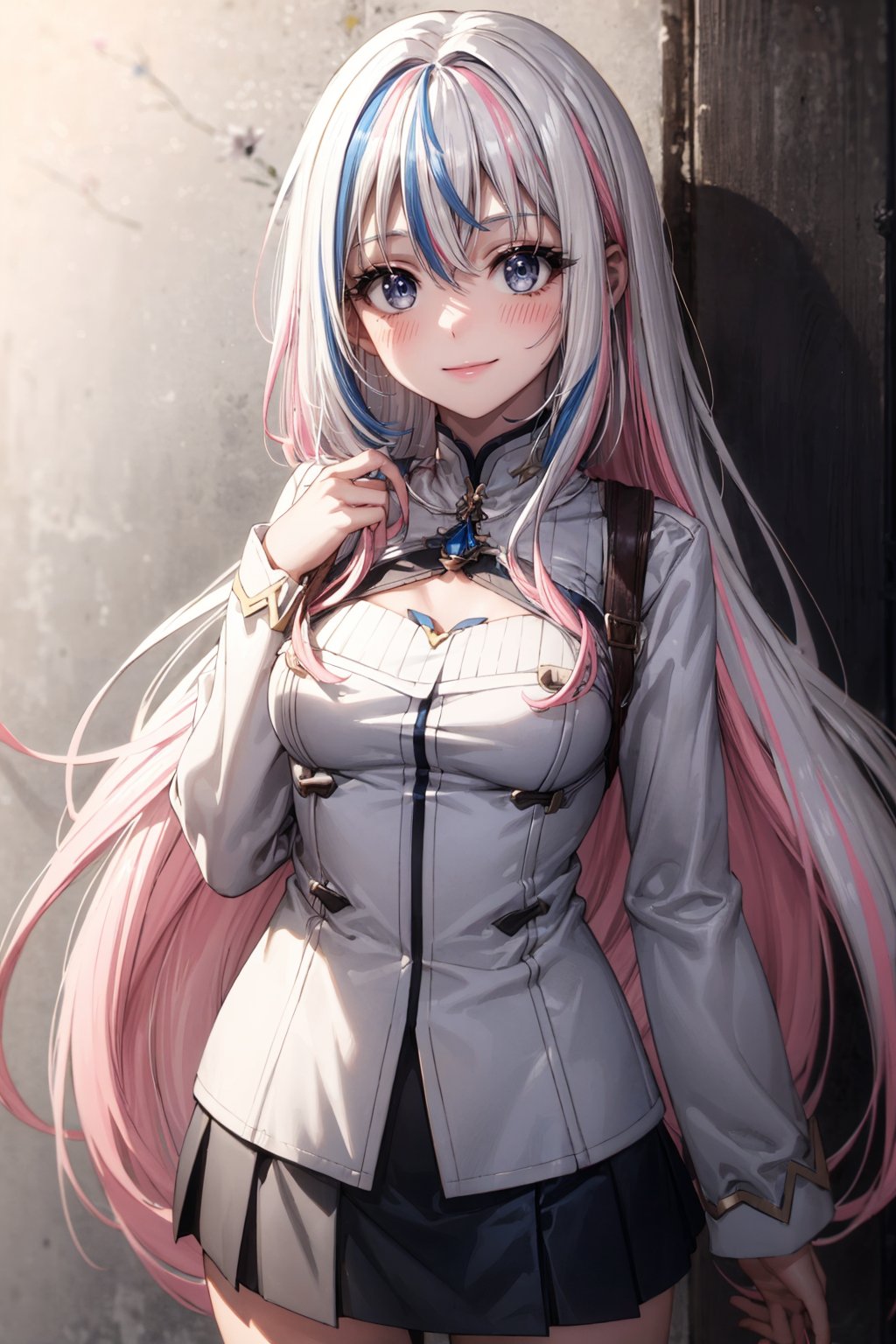 1 girl, solo, long hair, chest, looking at viewer, blush, smile, bangs, dark gray eyes, miniskirt, long sleeves, medium breasts, very long hair, white hair, blue hair, pink hair, White hair, multicolored hair, two-tone hair<lora:EMS-179-EMS:0.500000>, <lora:EMS-1093-EMS:0.200000>, <lora:EMS-80244-EMS:0.800000>