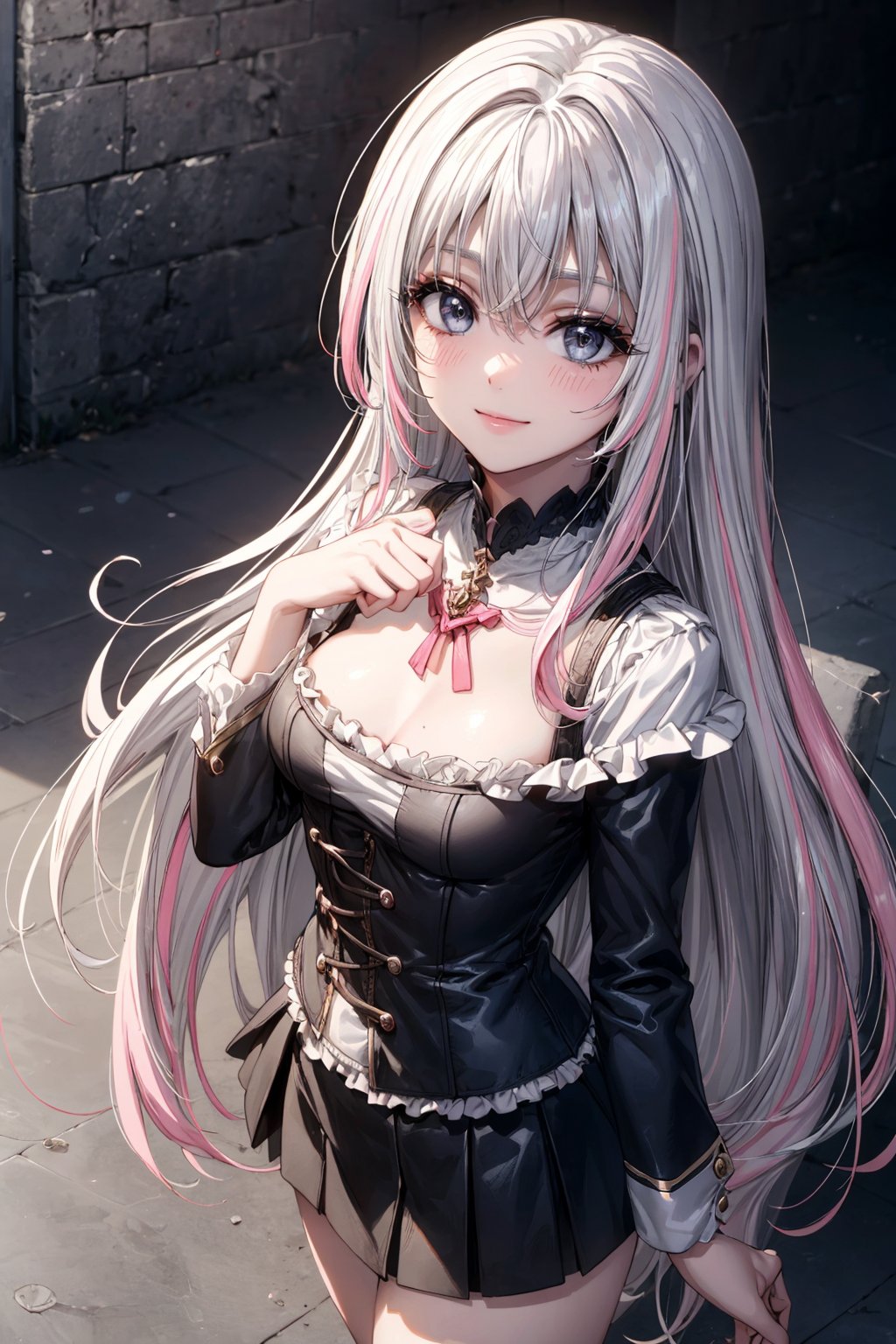 ((Top Quality, Masterpiece, Top Quality, Super Fine, High Resolution, HDR, Unity 16K Wallpaper, High Resolution CG, Beautiful Details, Depth, Delicate, Super Fine, Clear)), Detailed Face, Detailed Eyes, Dark Gray Eyes, the best smile, various hair colors, please change the hairstyle, eye-catching wallpaper, please change the pose, Gothic cityscape, 1 girl, solo, long hair, chest, looking at viewer, blush, smile, bangs, dark gray eyes, miniskirt, long sleeves, medium breasts, very long hair, white hair, blue hair, pink hair, White hair, multicolored hair, two-tone hair<lora:EMS-179-EMS:0.500000>, <lora:EMS-1093-EMS:0.200000>, <lora:EMS-80244-EMS:0.800000>