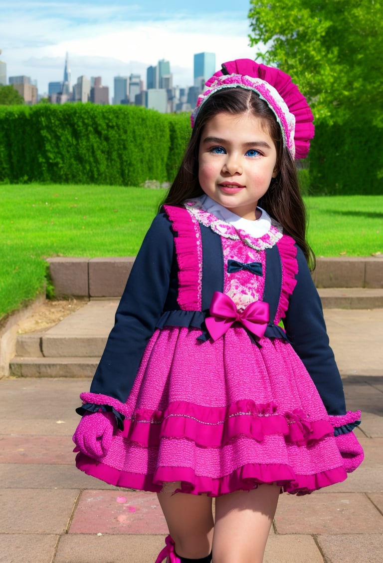 1girl, blue eyes, jesusito dress, little girl, 10 year-old, black long hair, looking at viewer, gloves lace, lace and tulle details, bib lace, ruffle, bows, fluffy wide skirt, bonnet, transparencies, socks, shoes, solo, running,  outdoors city, blurry background,jesusito,Detailedface