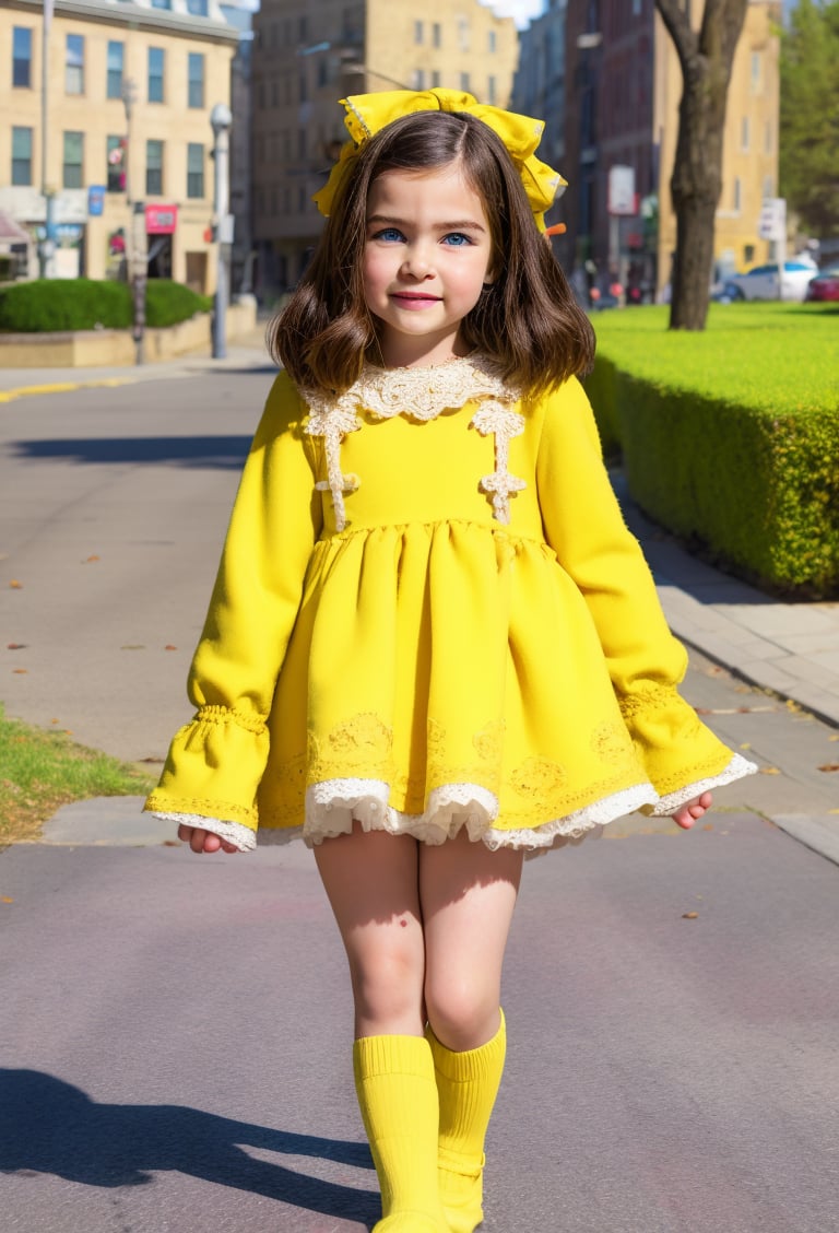 1girl, blue eyes, yellow jesusito dress, little girl, 8 year-old, black long hair, looking at viewer, gloves lace, lace and tulle details, bib lace, ruffle, bows, fluffy wide skirt, bonnet, transparencies, socks, shoes, solo, standing,  outdoors city, blurry background,jesusito,Detailedface
