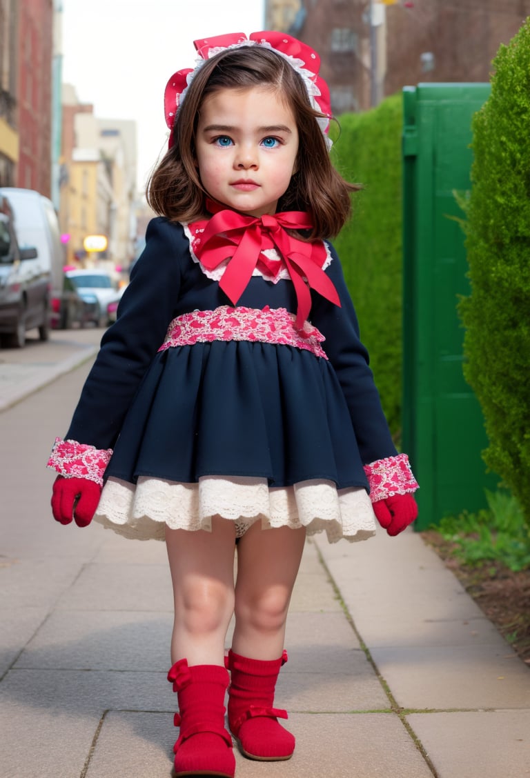 1girl, blue eyes, red jesusito dress, toddler girl, 3 year-old, black long hair, looking at viewer, gloves lace, lace and tulle details, bib lace, ruffle, bows, fluffy wide skirt, bonnet, transparencies, socks, shoes, solo, standing,  outdoors city, blurry background,jesusito,Detailedface