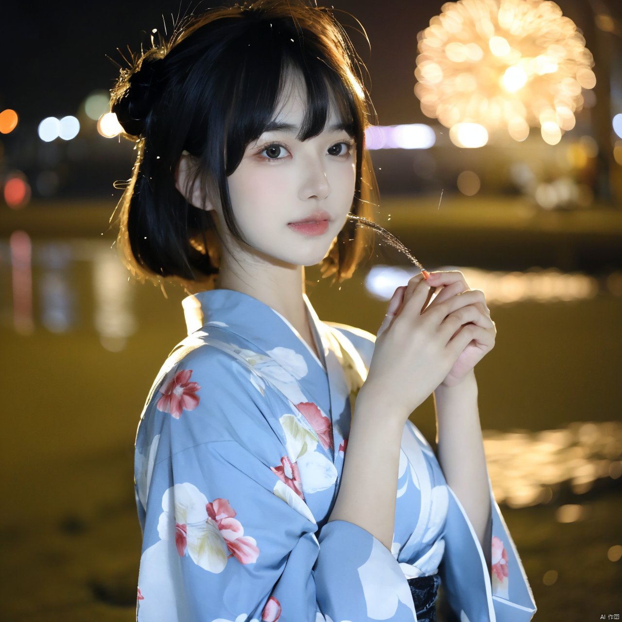  1girl, solo, looking at viewer, short hair, bangs, black hair, upper body, japanese clothes, kimono, black eyes, lips, hands up, floral print, own hands together, yukata, realistic, fireworks