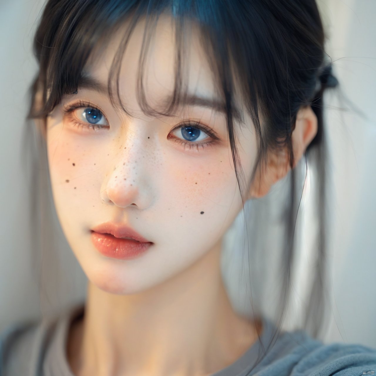 1girl, solo, looking at viewer, short hair, blue eyes, shirt, black hair, closed mouth, lips, portrait, grey shirt, freckles, realistic, nose, 1 girl