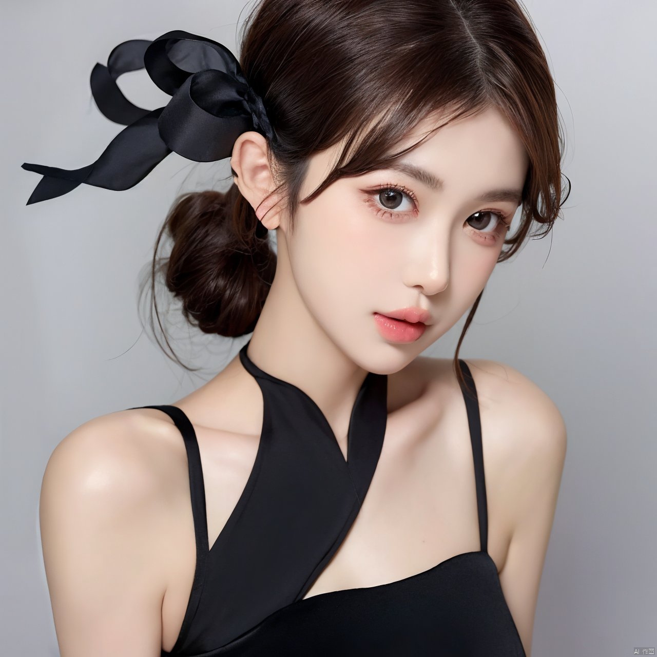 1girl, solo, long hair, looking at viewer, brown hair, black hair, dress, bow, ribbon, bare shoulders, brown eyes, hair ribbon, upper body, hair bow, parted lips, black dress, lips, realistic