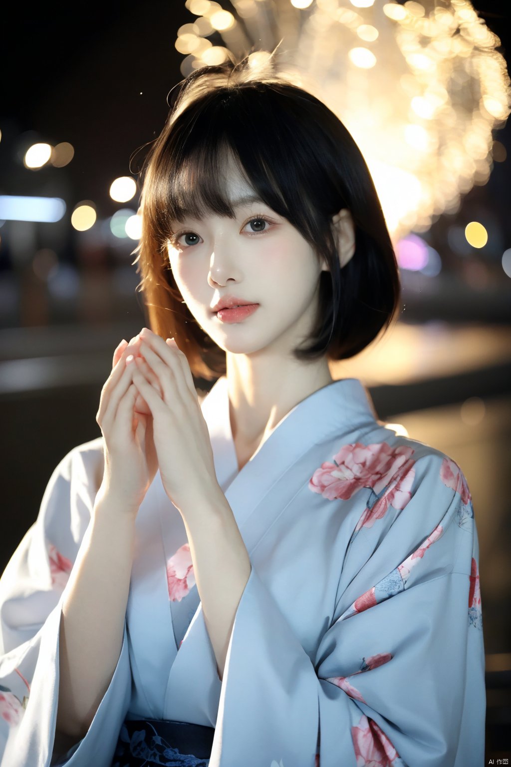  1girl, solo, looking at viewer, short hair, bangs, black hair, upper body, japanese clothes, kimono, black eyes, lips, hands up, floral print, own hands together, yukata, realistic, fireworks